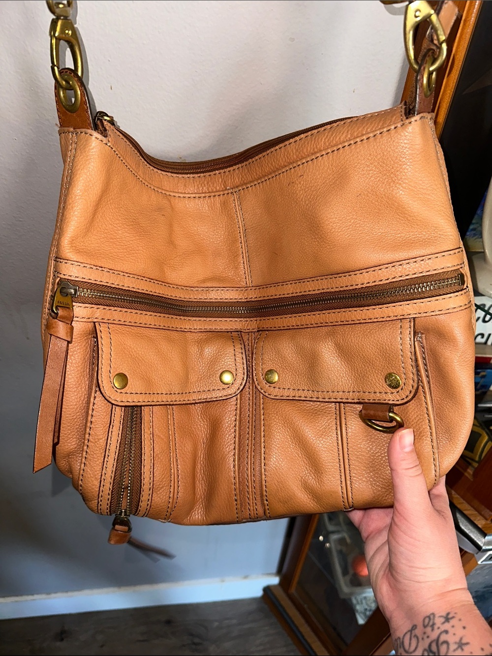 Fossil Tan Leather Messenger Bag with Brass Accents